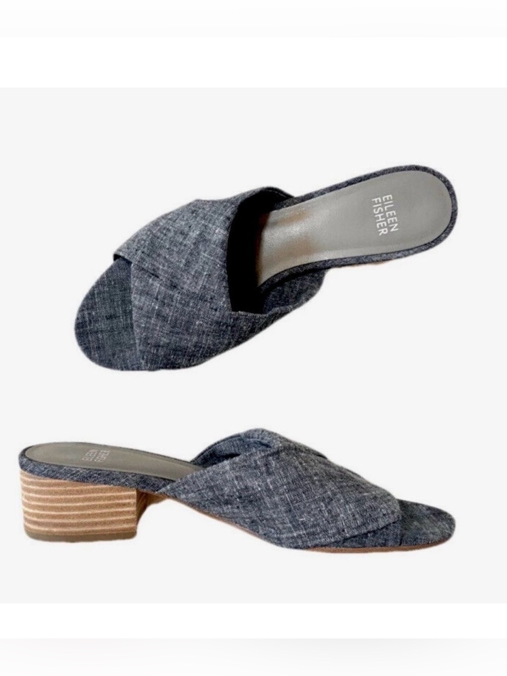 Eileen Fisher Ruche Mule Sandals Chambray Blue Denim Block Heel Comfort Size 8